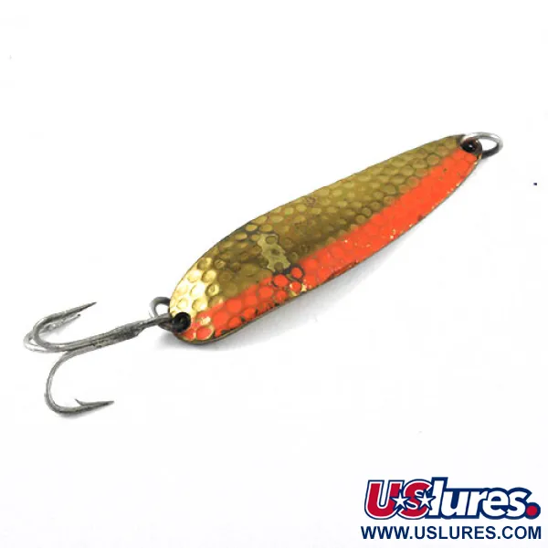 Vintage  Luhr Jensen Krocodile Die #4, 3/5oz Hammered Brass / Orange fishing spoon #1191