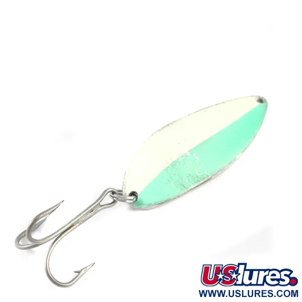 Vintage  Seneca Little Cleo (Hula Girl) Glow, 3/4oz White / Light Blue / Nickel (Glow in Dark) fishing spoon #1411