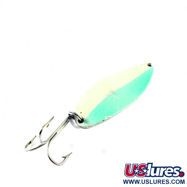 Vintage  Seneca Little Cleo (Hula Girl) Glow, 3/4oz White / Green / Nickel (Glow in Dark) fishing spoon #1448