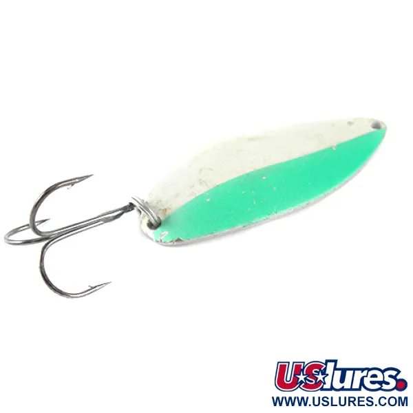 Vintage  Seneca Little Cleo (Hula Girl) Glow, 3/4oz White / Green / Nickel glow (Glow in Dark) fishing spoon #1539