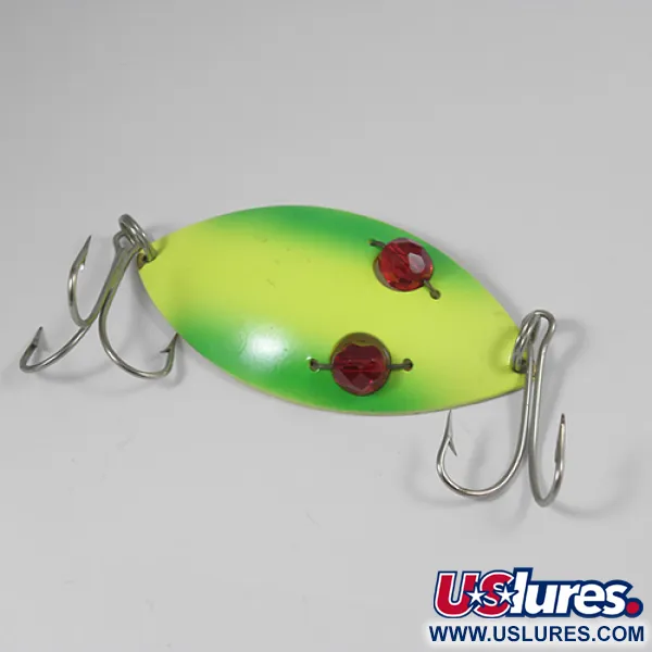 Vintage  Eppinger Red Eye Wiggler, 1oz Fluorescent Yellow and Green / Nickel fishing spoon #2065