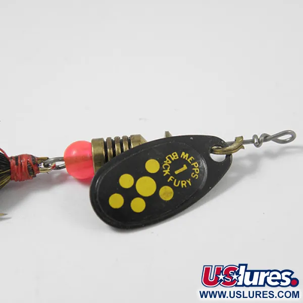 Vintage   Mepps Black Fury 1 Dressed squirrel tail, 3/32oz Black / Yellow spinning lure #2116