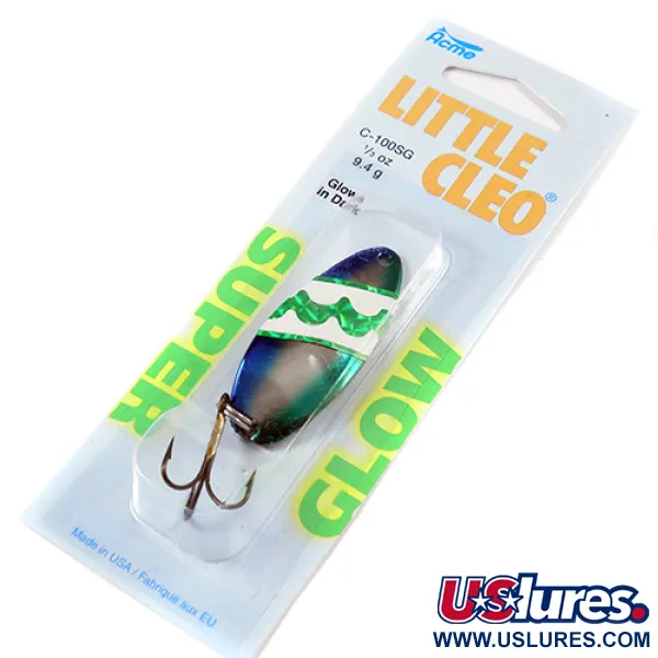  Acme Little Cleo Glow, 1/3oz Nickel / Green / Glow in Dark and UV light fishing spoon #2246