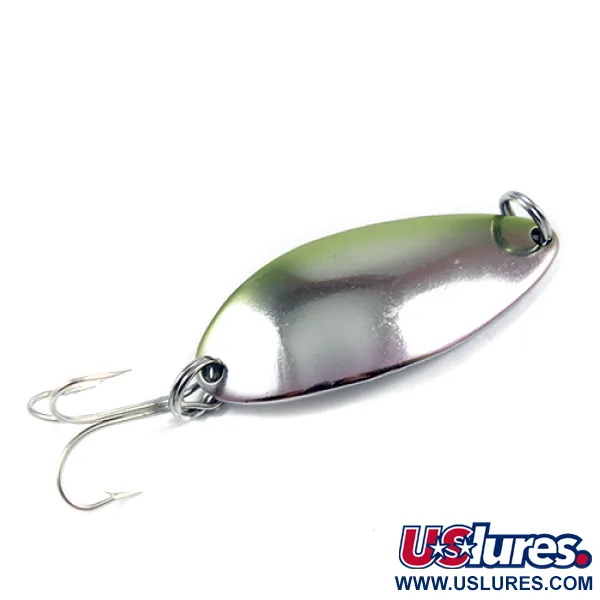 Vintage  Seneca Little Cleo (Hula Girl) UV, 2/3oz Nickel / Green UV Stripe Glow in UV light, Fluorescent fishing spoon #2247