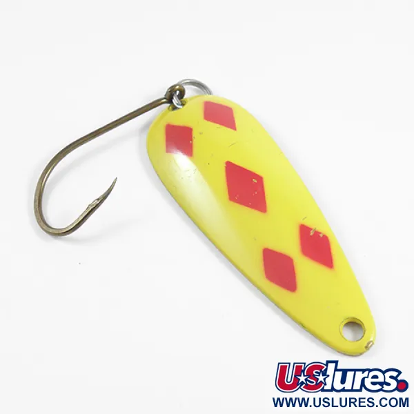 Vintage   Len Thompson #2, 1oz Five of Diamonds (Red / Yellow / Brass) fishing spoon #2520