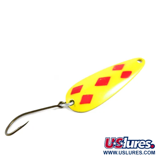 Vintage   Len Thompson #2, 1oz Five of Diamonds (Red / Yellow / Brass) fishing spoon #2520