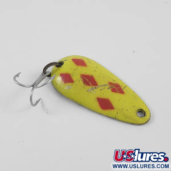 Vintage   Len Thompson #00, 1/2oz Five of diamonds (Red / Yellow / Brass) fishing spoon #2580