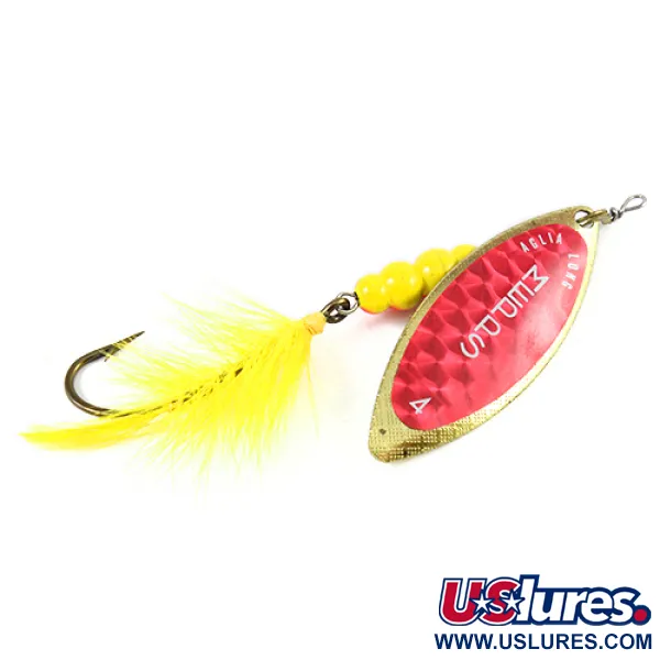 Vintage   Mepps Aglia Long 4 Dressed (with tail), 3/5oz Red / Yellow / Brass spinning lure #2591