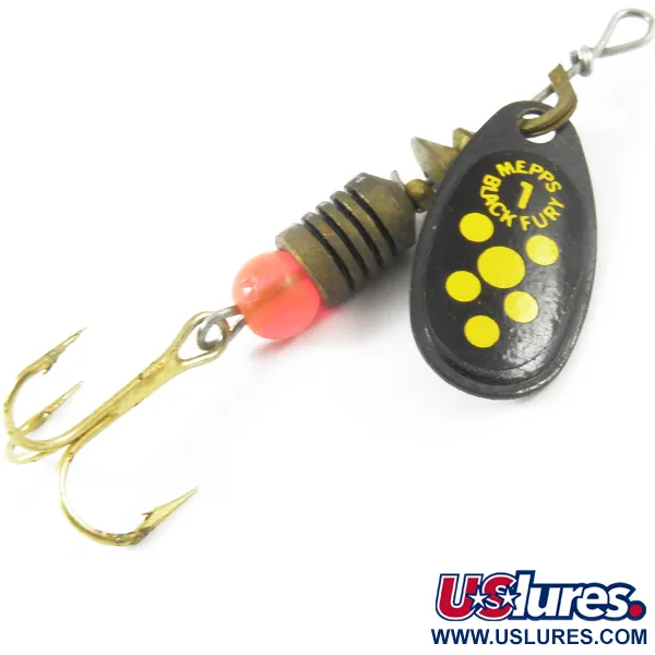 Vintage   Mepps Black Fury 1, 1/8oz Black / Yellow spinning lure #3564