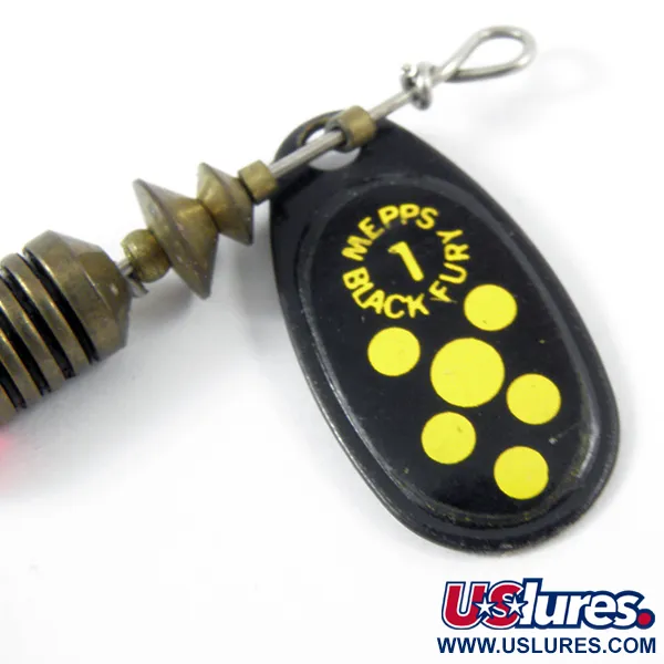 Vintage   Mepps Black Fury 1 Dressed (squirrel tail), 1/8oz Black / Yellow spinning lure #16135