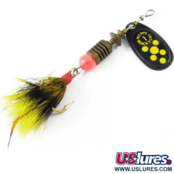 Vintage   Mepps Black Fury 1 Dressed (squirrel tail), 1/8oz Black / Yellow spinning lure #16135