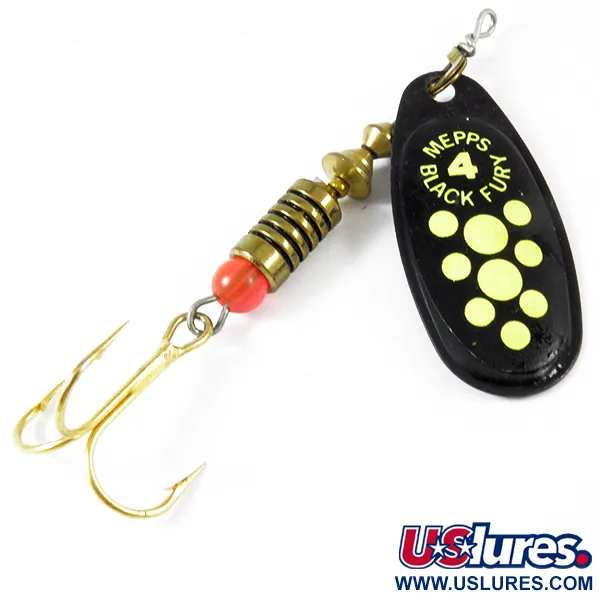Vintage   Mepps Black Fury 4, 1/3oz Black / Fluorescent Green spinning lure #3575