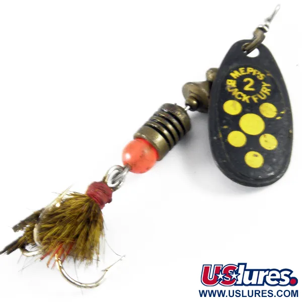 Vintage   Mepps Black Fury 2 Dressed, 3/16oz Black / Yellow spinning lure #3614