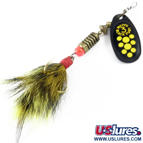 Vintage   Mepps Black Fury 3 Dressed, 1/4oz Black / Yellow spinning lure #3618