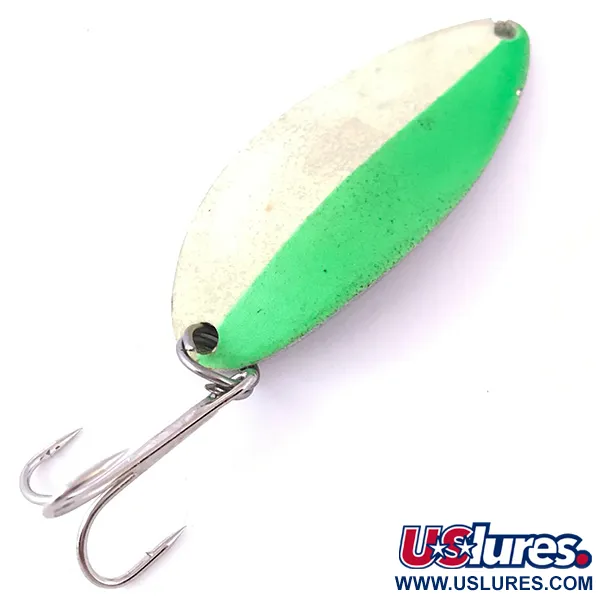 Vintage  Seneca Little Cleo (Hula Girl) Glow, 2/3oz White / Green / Nickel fishing spoon #3968