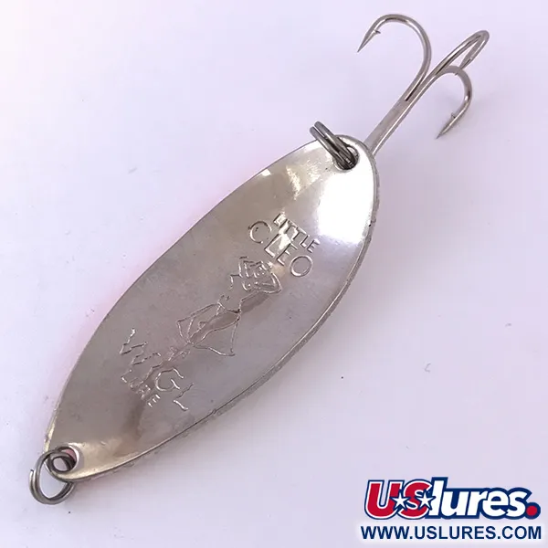 Vintage  Seneca Little Cleo (Hula Girl) UV, 1/2oz Pearl White / Nickel / Orange Stripe UV Glow in UV light, Fluorescent fishing spoon #3970