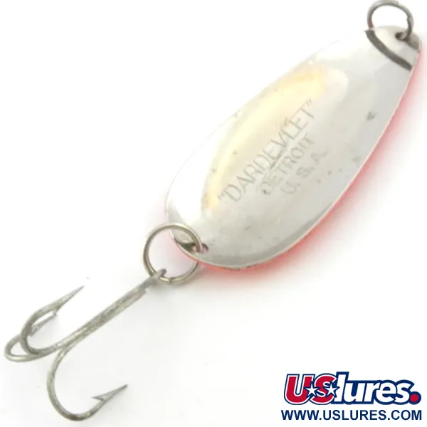 Vintage  Eppinger Dardevle Dardevlet , 3/4oz Orange Red / Nickel / UV Glow in UV light, Fluorescent fishing spoon #4010