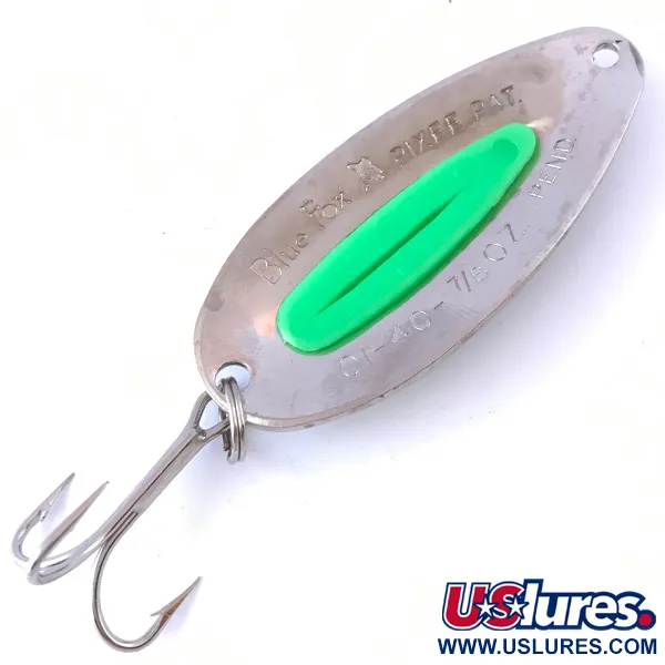 Vintage   Blue Fox Pixee UV, 3/4oz Nickel / Green UV Glow in UV light, Fluorescent fishing spoon #4064