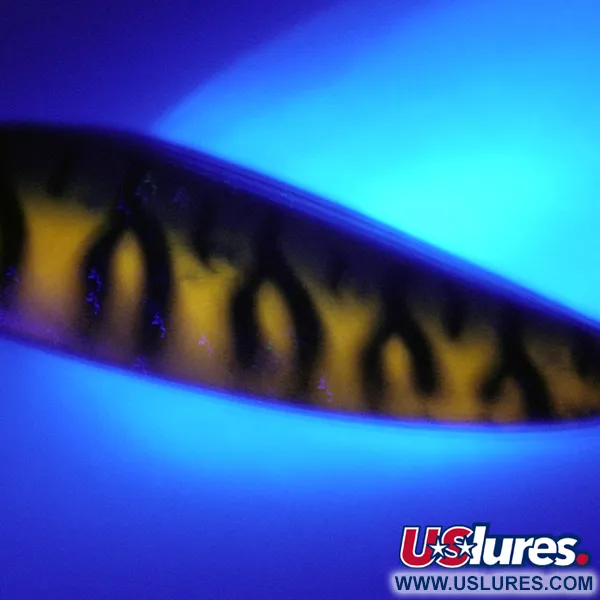 Vintage  Boss Lures Boss Spoon, 2/3oz Golden Tiger UV Glow in UV light, Fluorescent fishing spoon #4070