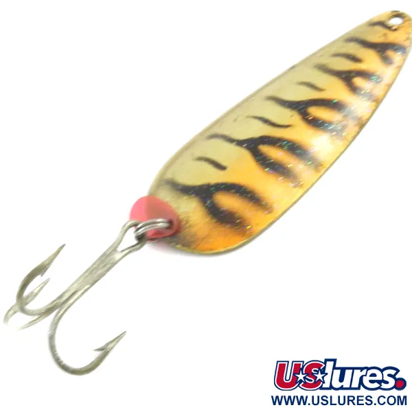 Vintage  Boss Lures Boss Spoon, 2/3oz Golden Tiger UV Glow in UV light, Fluorescent fishing spoon #4070