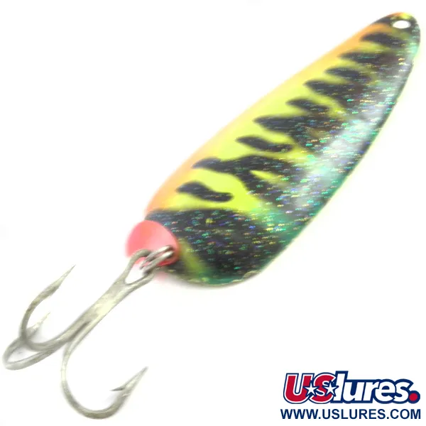 Vintage  Boss Lures Boss Spoon UV, 2/3oz Fire Tiger UV Glow in UV light, Fluorescent fishing spoon #4071