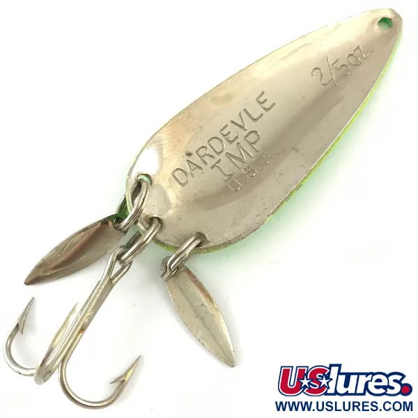 Vintage  Eppinger Dardevle Imp Klicker UV, 2/5oz Fluorescent Green UV Glow in UV light, Fluorescent fishing spoon #4481