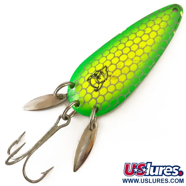 Vintage  Eppinger Dardevle Imp Klicker UV, 2/5oz Green / Nickel / Yellow UV Glow in UV light, Fluorescent fishing spoon #4771