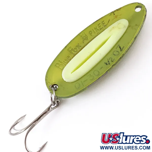 Vintage   Blue Fox Pixee UV, 1/2oz Green Gold / Yellow fishing spoon #4842