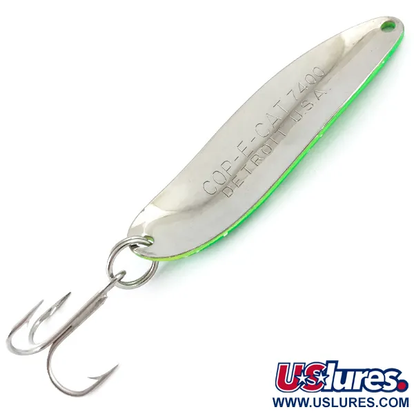 Vintage  Eppinger Dardevle Cop-E-Cat 7400 UV, 1/2oz Yellow / Green / Nickel UV Glow in UV light, Fluorescent fishing spoon #4877