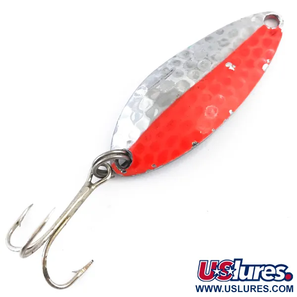 Vintage  Luhr Jensen Little Jewel UV, 1/3oz Hammered Nickel / Fluorescent Red UV Glow in UV light, Fluorescent fishing spoon #4947