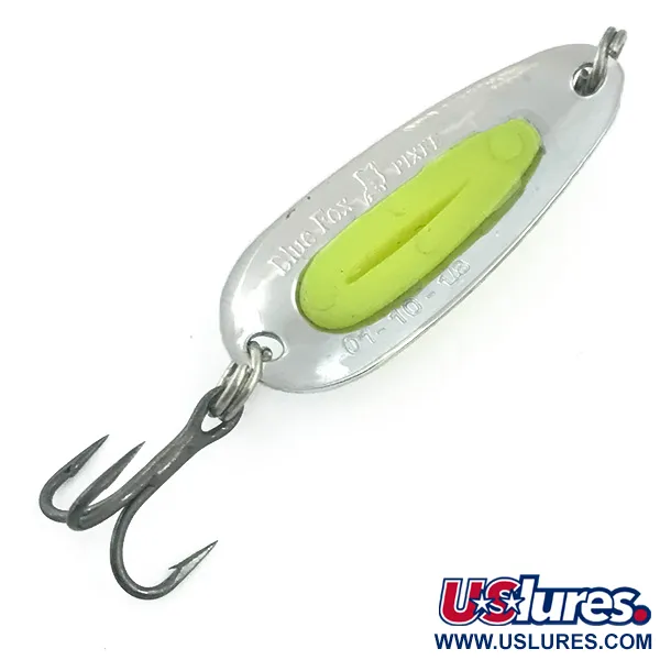 Vintage   Blue Fox Pixee UV​, 3/16oz Hammered Nickel / Yellow fishing spoon #5576