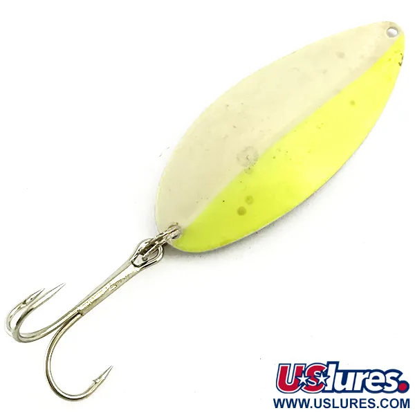 Vintage  TODDCO Main liner Glow UV, 3/4oz White / Yellow / Nickel fishing spoon #5698