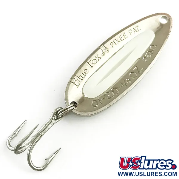 Vintage   Blue Fox Pixee UV, 1/4oz Hammered Nickel / White UV Glow in UV light, Fluorescent fishing spoon #5815