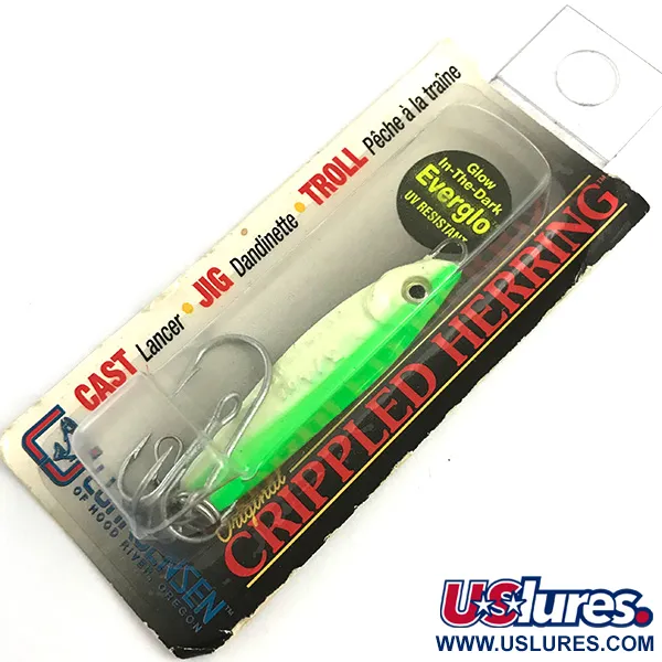   Luhr Jensen Crippled Herring Glow UV, 3/4oz White / Green UV Glow in Dark and UV light fishing spoon #5921
