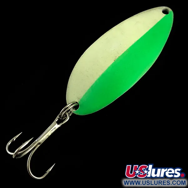 Vintage  Seneca Little Cleo (Hula Girl) Glow, 1/2oz White / Green / Nickel fishing spoon #5981