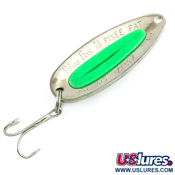 Vintage   Blue Fox Pixee UV, 1/2oz Hammered Nickel / Green fishing spoon #5984