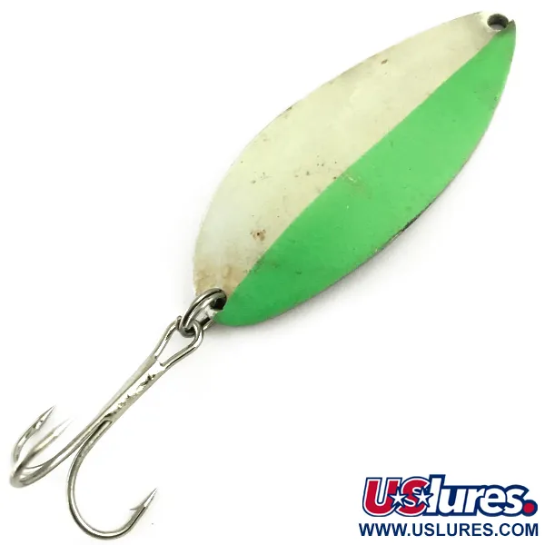 Vintage  Seneca Little Cleo (Hula Girl) Glow, 3/4oz White / Green / Nickel Glow in Dark fishing spoon #5999
