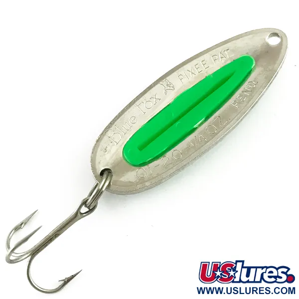 Vintage   Blue Fox Pixee UV, 1/4oz Hammered Nickel / Green fishing spoon #6107