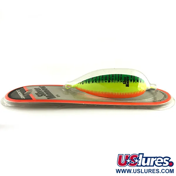   Weedless Johnson Silver Minnow, 3/4oz Orange / Green / Yellow / Nickel / UV Glow in UV light, Fluorescent fishing spoon #6192