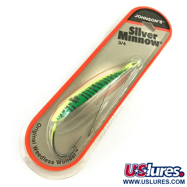   Weedless Johnson Silver Minnow, 3/4oz Orange / Green / Yellow / Nickel / UV Glow in UV light, Fluorescent fishing spoon #6192