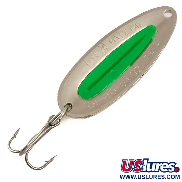 Vintage   Blue Fox Pixee UV , 1/4oz Hammered Nickel / Green fishing spoon #6271