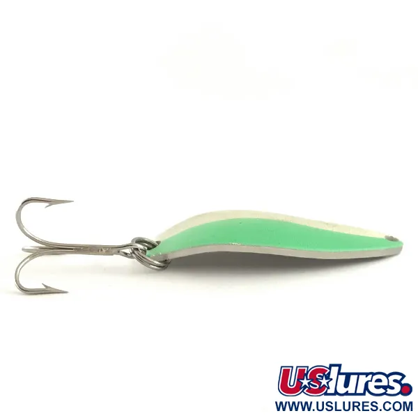 Vintage  Seneca Little Cleo (Hula Girl) Glow, 1/2oz White / Green / Nickel fishing spoon #6464