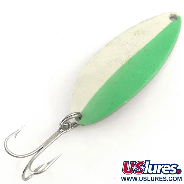 Vintage  Seneca Little Cleo (Hula Girl) Glow, 1/2oz White / Green / Nickel fishing spoon #6464