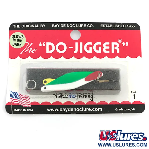  Bay de Noc Do-Jigger 1, 3/16oz White / Green Glow in Dark, fluorescent fishing spoon #6736