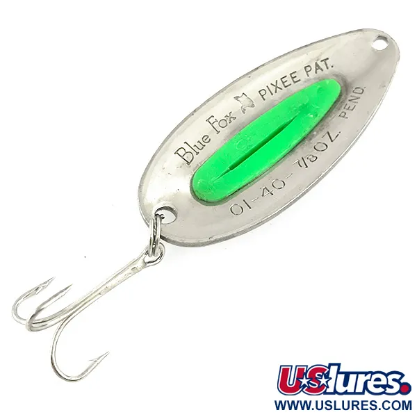 Vintage   Blue Fox Pixee UV, 3/4oz Hammered Nickel / Green fishing spoon #7301