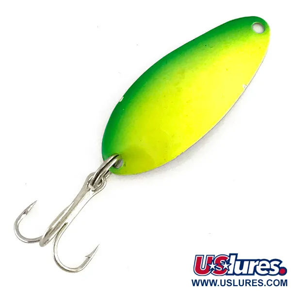Vintage  Seneca Little Cleo (Hula Girl) trolling spoon UV, 1/8oz Yellow / Green / Nickel UV Glow in UV light, Fluorescent fishing spoon #7929