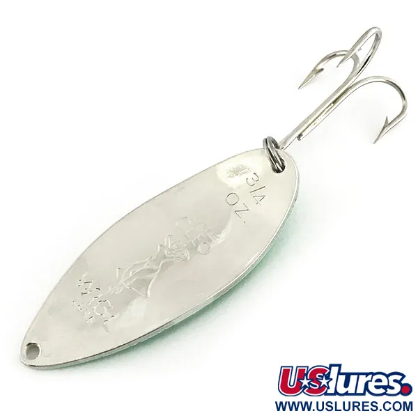 Vintage  Seneca Little Cleo (Hula Girl) Glow, 3/4oz Green / White / Nickel fishing spoon #8684