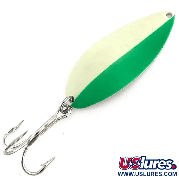 Vintage  Seneca Little Cleo (Hula Girl) Glow, 3/4oz Green / White / Nickel fishing spoon #8684