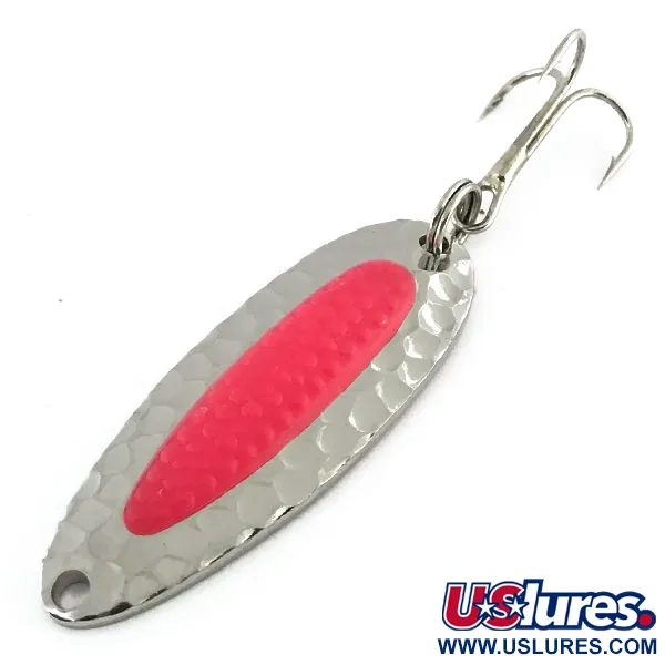 Vintage   Nebco Pixee, 1/4oz Hammered Nickel / Pink fishing spoon #8874
