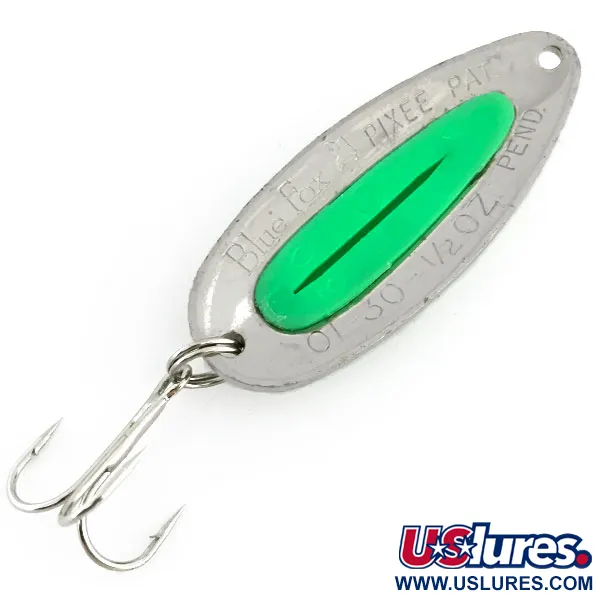 Vintage   Blue Fox Pixee UV, 1/2oz Hammered Nickel / Green fishing spoon #8876